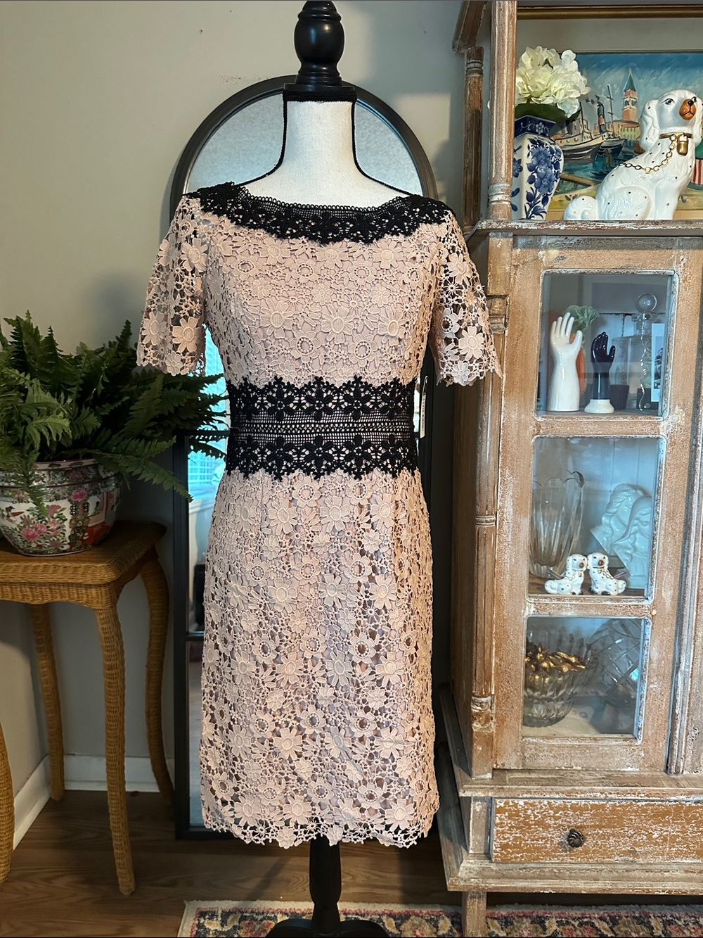 Blush Lace Midi Dress with Black Lace Trim